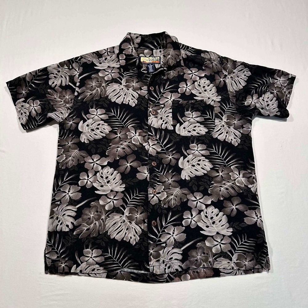 Havana Jacks Cafe Mens Medium Black Grey Tropical Floral Camp Shirt Montera